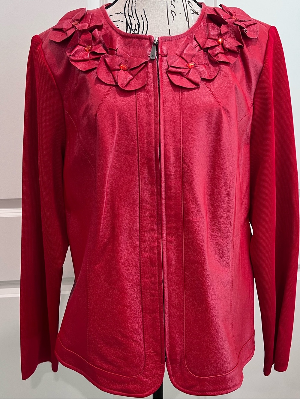 Peter Nygard Red Floral-Appliqué Zip-Front Leather Jacket, size XL